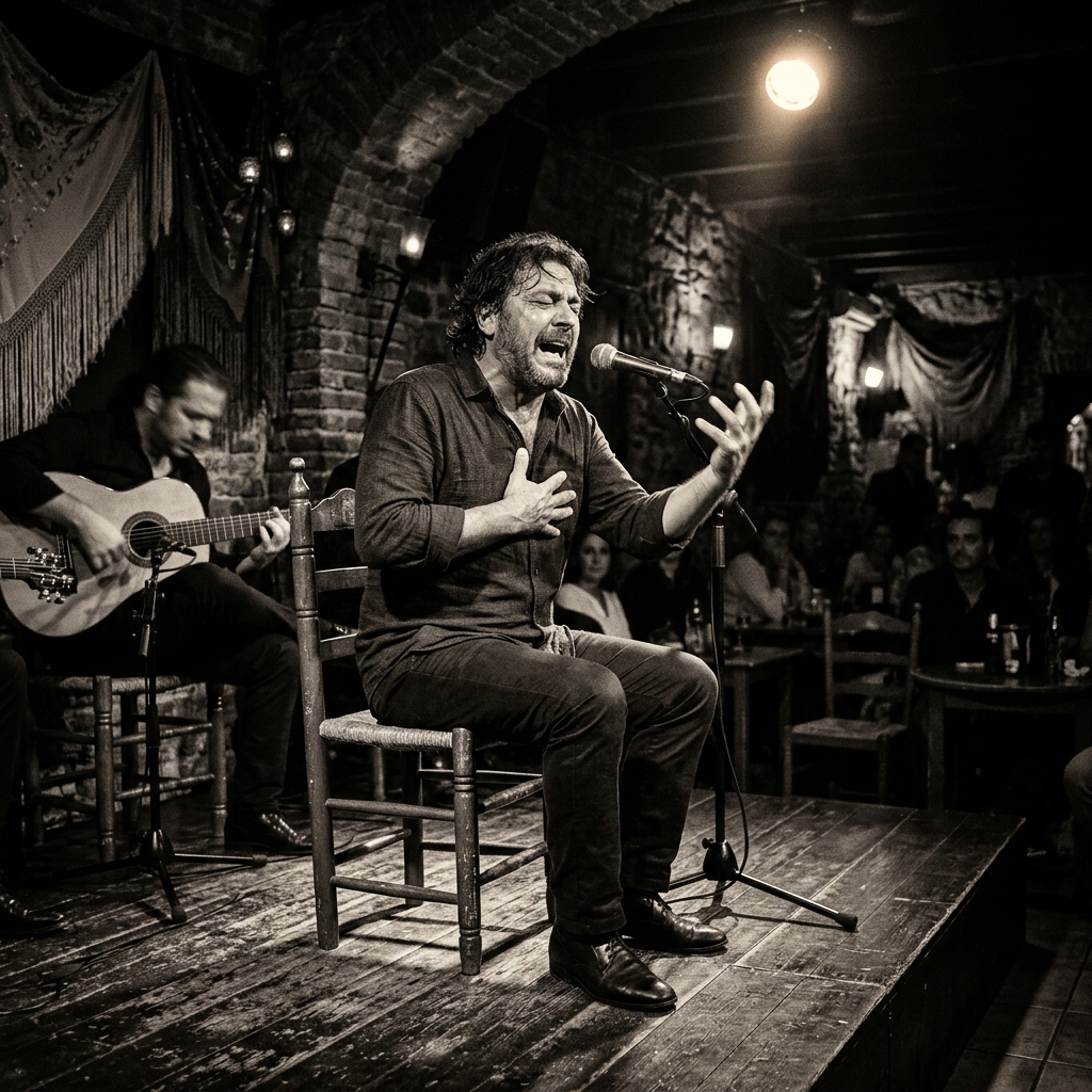 Cantaor flamenco actuando con expresión apasionada en el tablao