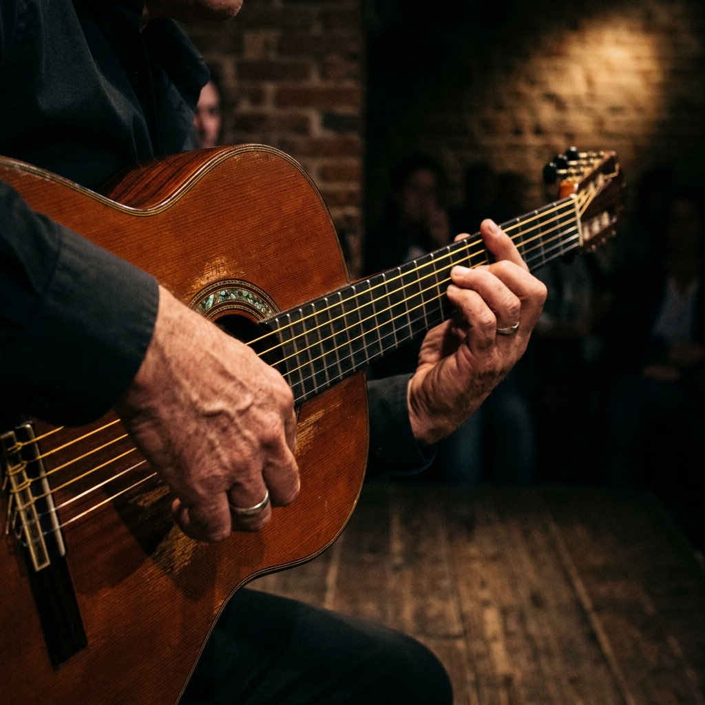 Detalle de manos de guitarrista flamenco tocando en el escenario