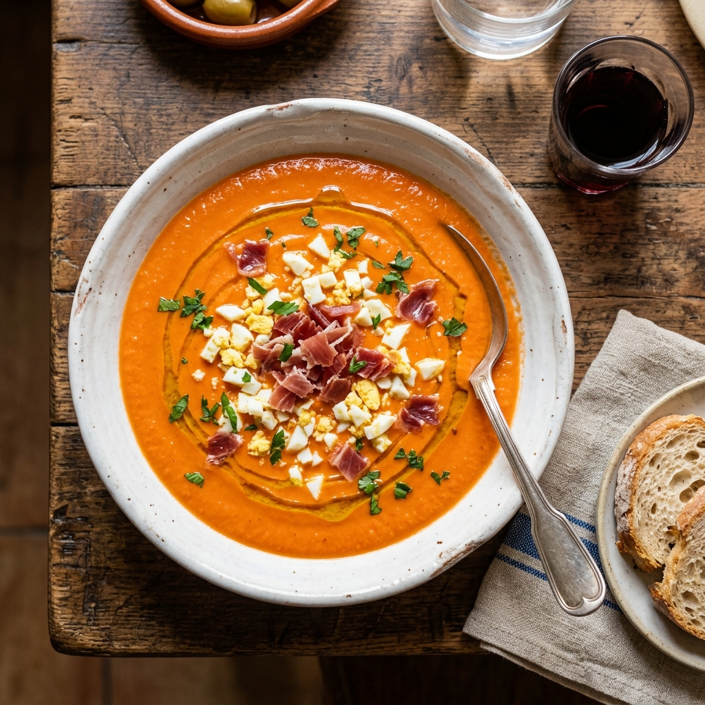 Salmorejo cordobés con jamón y huevo duro en bol de cerámica